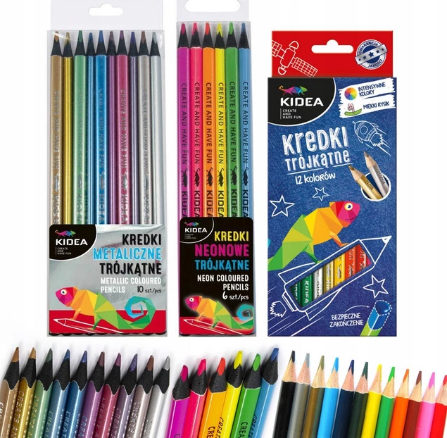 Kredki Szkolne Ołówkowe Kidea NEONOWE x6 METALICZNE x10 i TRADYCYJNE x12_1