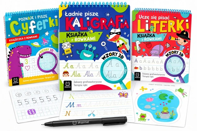 Zestaw 3 książek z rowkami literki cyferki kaligrafia terapia ręki znikopis