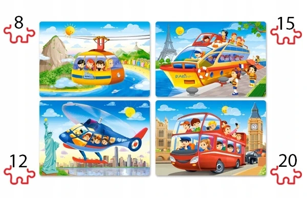 Puzzle 4w1 Układanka Podróż POJAZDY Helikopter Statek Kolejka Autobus 3+_6