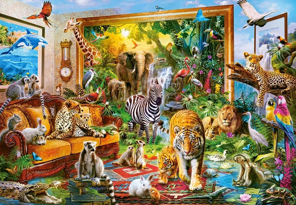 Puzzle 1000 Układanka Obraz ZWIERZĘTA Tygrys Zebra Słoń Surykatka 9+ Castor_1