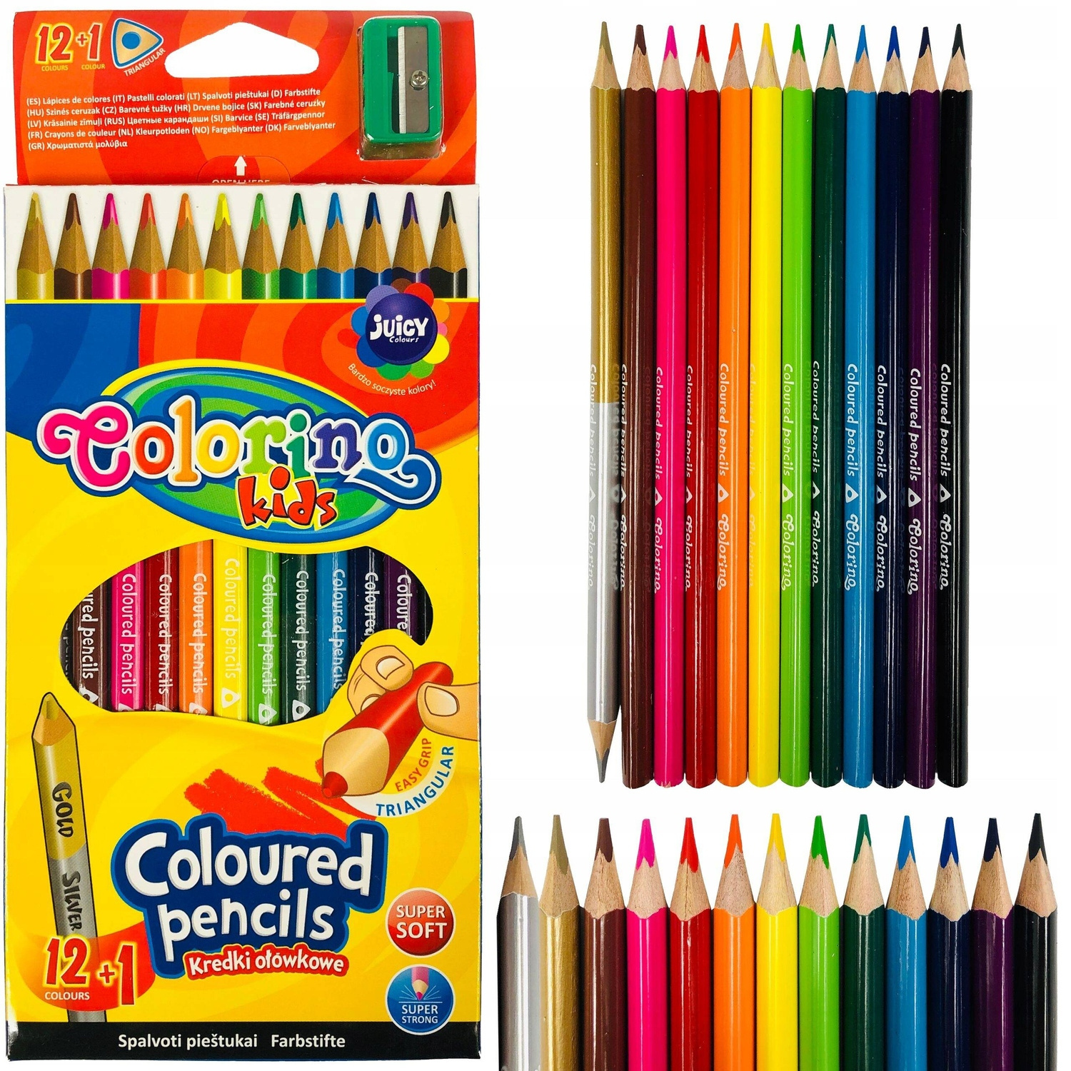 Kredki Ołówkowe Trójkątne 12 Kolorów + Złoty Srebrny Temperówka Colorino_1