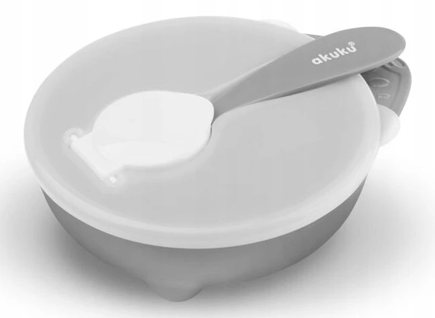 MISECZKA Z ŁYŻECZKĄ I POKRYWKĄ Miska Talerzyk 250ml SZARA Akuku A0425_2