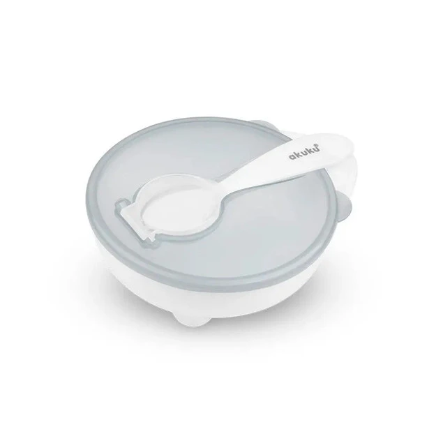 MISECZKA Z ŁYŻECZKĄ I POKRYWKĄ Miska Talerzyk 250ml SZARA Akuku A0425_3