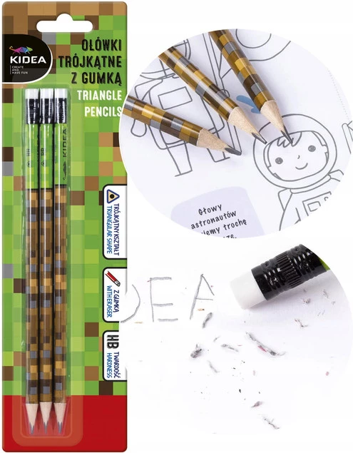 Ołówki Trójkątne Z Gumką HB Minecraft Pixel Game 3 Szt. Kidea_1