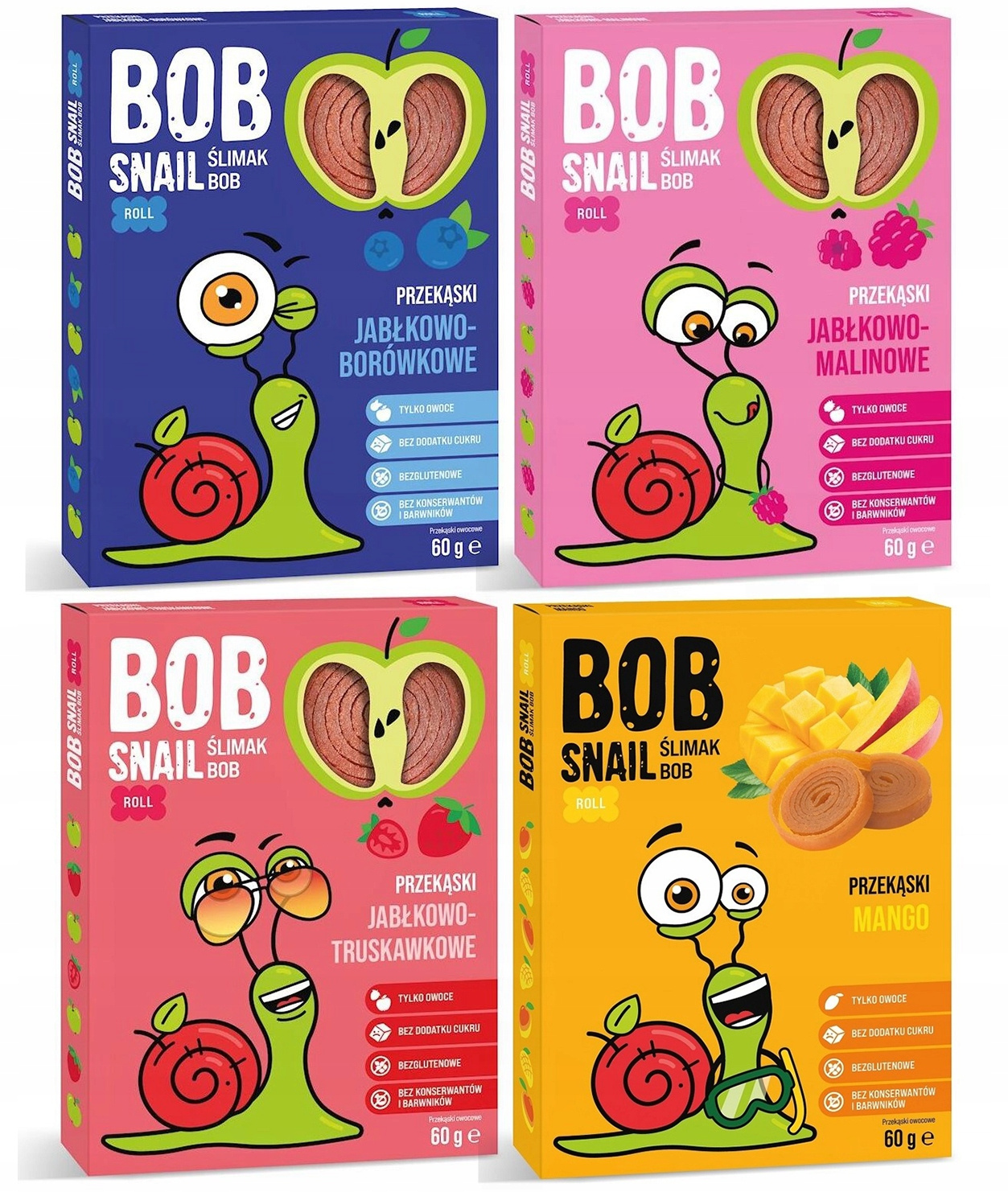 4x Przekąski BOB SNAIL Owocowe MIX Jabłko Malina Truskawka Bez Cukru 240g_1