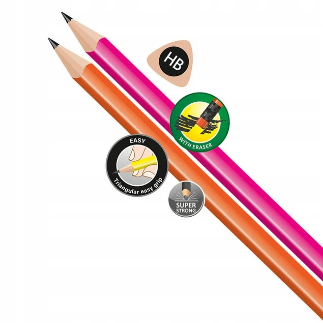 Ołówek Trójkątny Tradycyjny HB Z Gumką Neon MIX Colorino x4_2