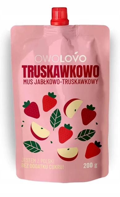 Detal opakowania OwoLovo Mus Jabłkowo-Truskawkowy, skład 100% owoce