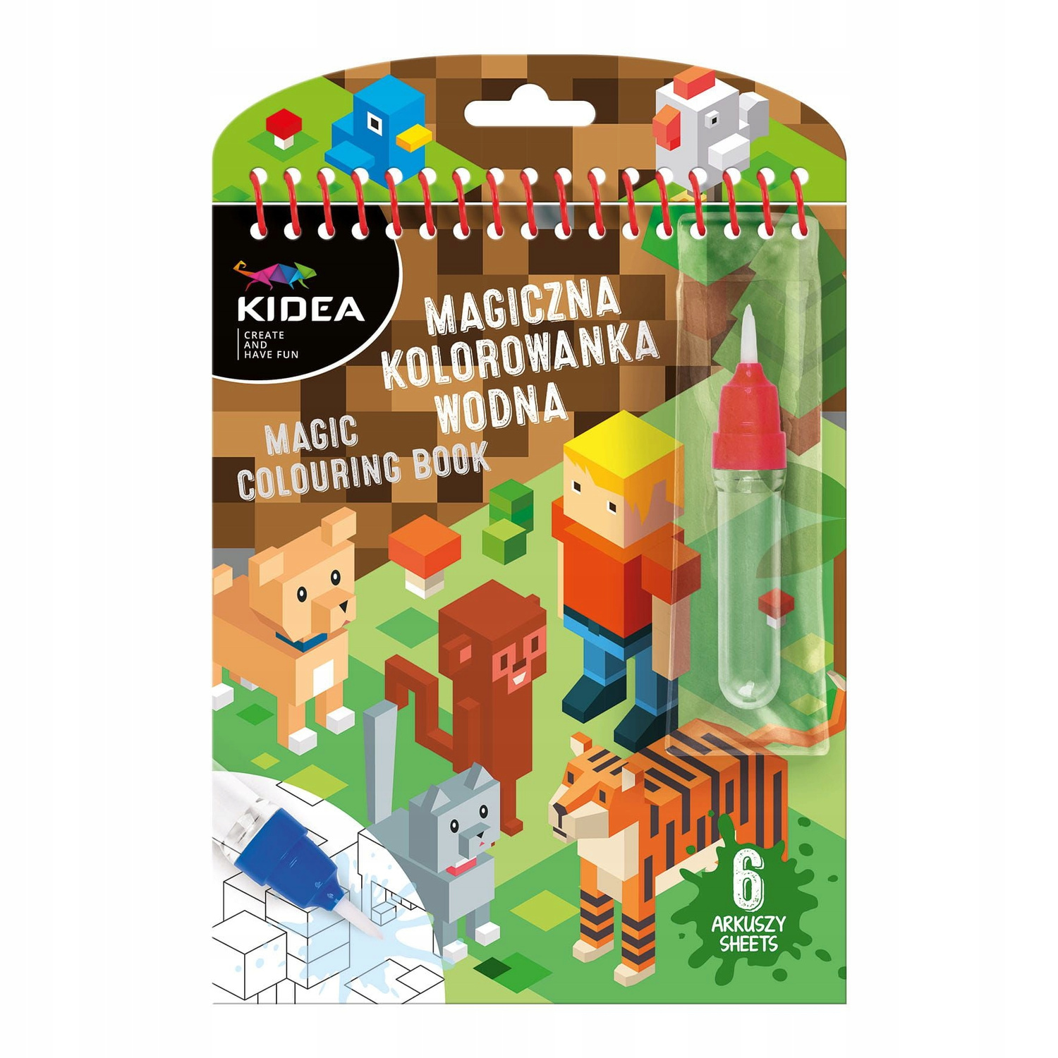 Magiczna Wielorazowa Kolorowanka Wodna MINECRAFT PIXELE 6 Szt Pisak Kidea_5