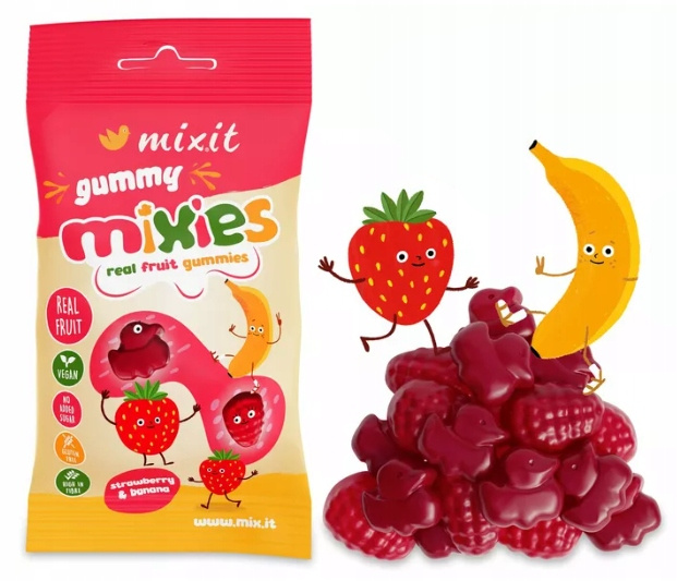 MIXIT Żelki Naturalne Owocowe Mixies TRUSKAWKA BANAN Bez Cukru 35g_1