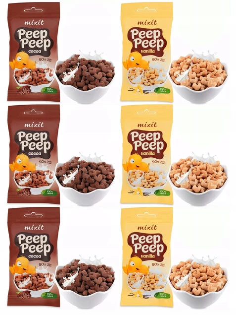 6x MIXIT Płatki Śniadaniowe Peep Peep KAKAOWE WANILIOWE Saszetki 25g_1