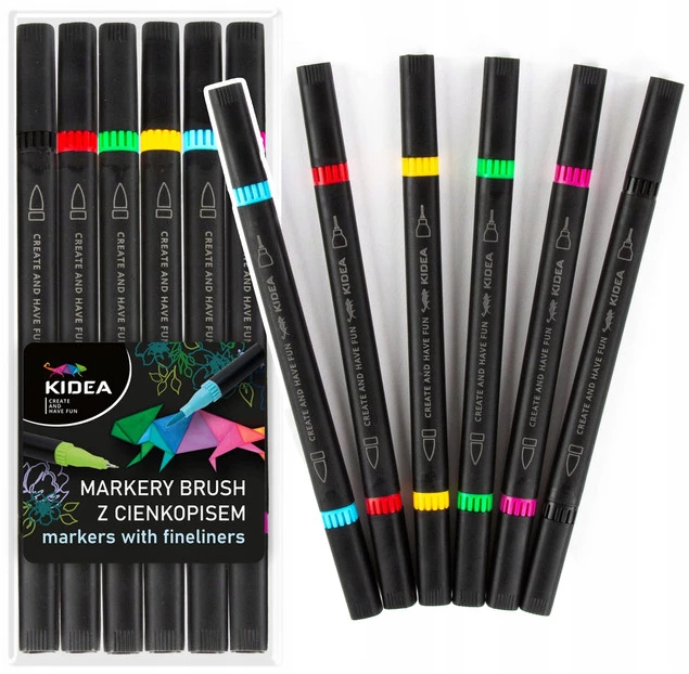 KIDEA Markery BRUSH z Cienkopisem Dwustronne Pędzelkowe 6 Kolorów_1