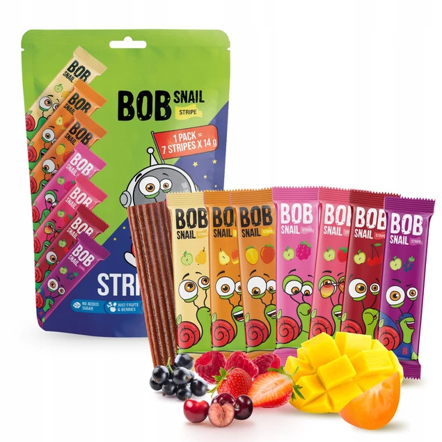 3x BOB SNAIL Pasek 7 Smaków x 14g OWOCOWE PRZEKĄSKI MIX Pasków 100% Owoce_2