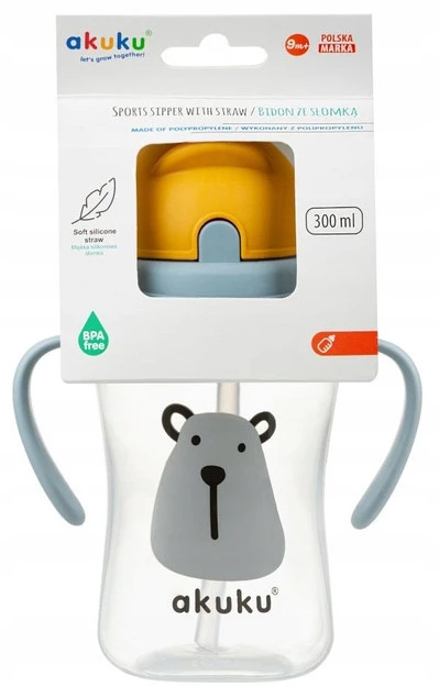 AKUKU Kubek Bidon z Chowaną Słomką Uchwyty 300ml 9m+ A0203_13