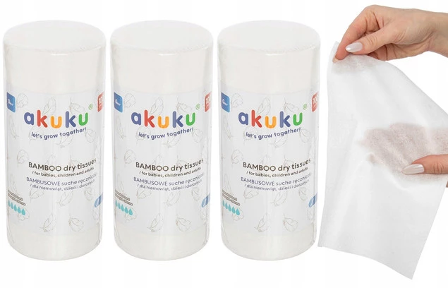 3x AKUKU Hipoalergiczne Ręczniki Chusteczki BAMBUSOWE Jednorazowe 100szt_1