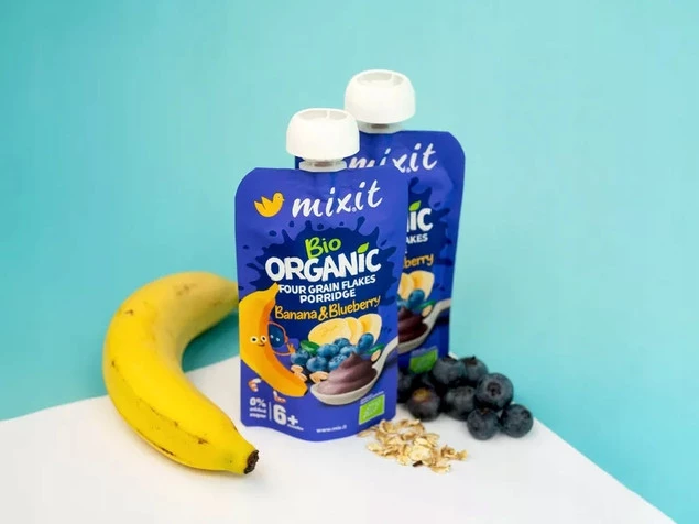 MIXIT BIO Kaszka Naturalna BANAN JAGODA Płatki Czteroziarniste 110g 6M+_4