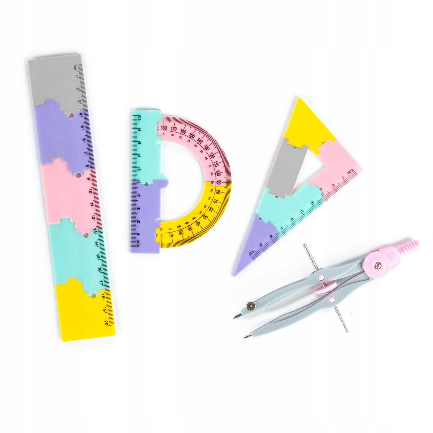 Zestaw Geometryczny 4 Elementy 20 cm CYRKIEL EKIERKA KĄTOMIERZ Pastel Kidea_4