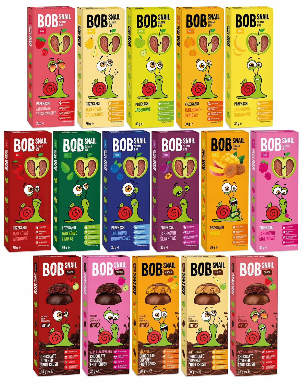 BOB SNAIL Zestaw MIX Smaków Zdrowa Owocowa Przekąska Bez Cukru 16x 30g_1