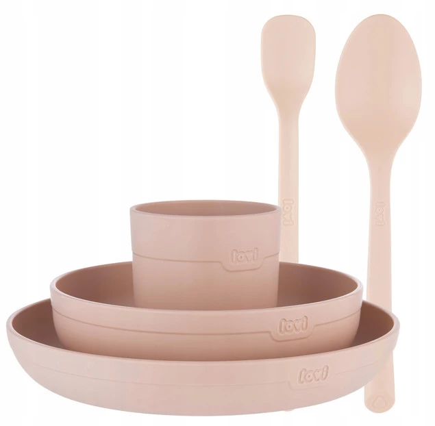LOVI Zestaw Naczyń z Kubkiem + Pierwsza Łyżeczka i Łyżka Stołowa Łososiowy_1