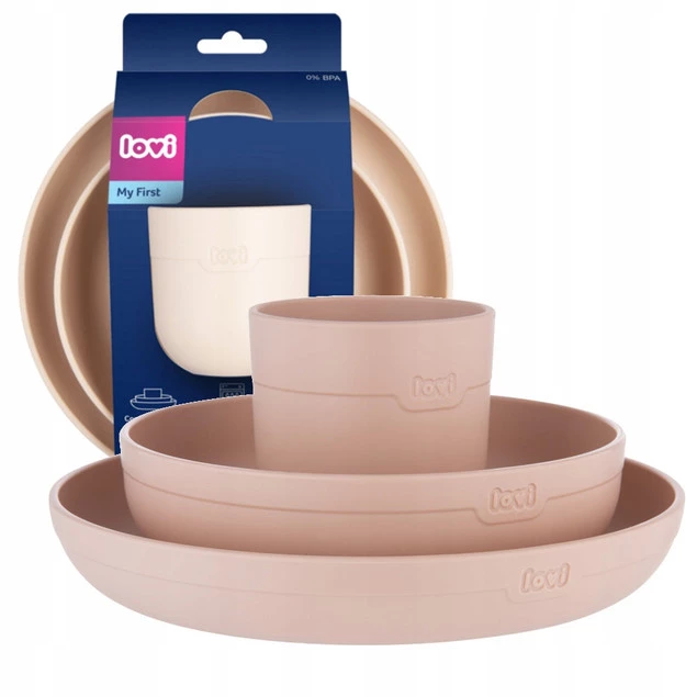 LOVI Zestaw Naczyń z Kubkiem + Pierwsza Łyżeczka i Łyżka Stołowa Łososiowy_2