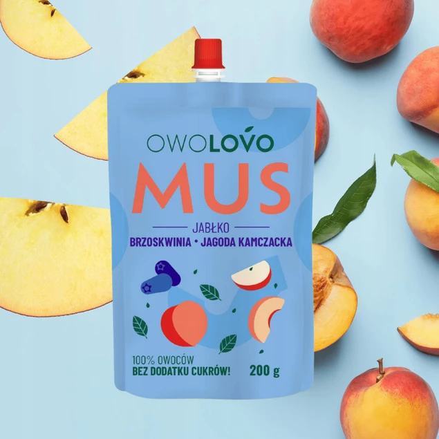 OWOLOVO PREMIUM mus owocowy JABŁKO BRZOSKWINIA JAGODA KAMCZACKA 200g NOWY_2