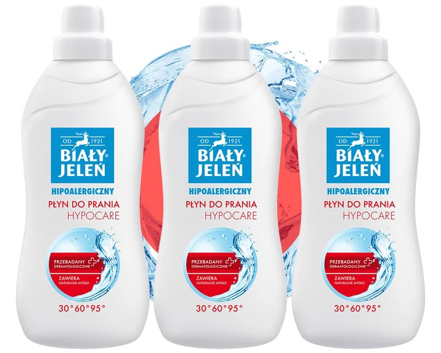 3x BIAŁY JELEŃ Płyn Do Prania HYPOCARE Do Tkanin BIAŁYCH i KOLOROWYCH 1 L_1
