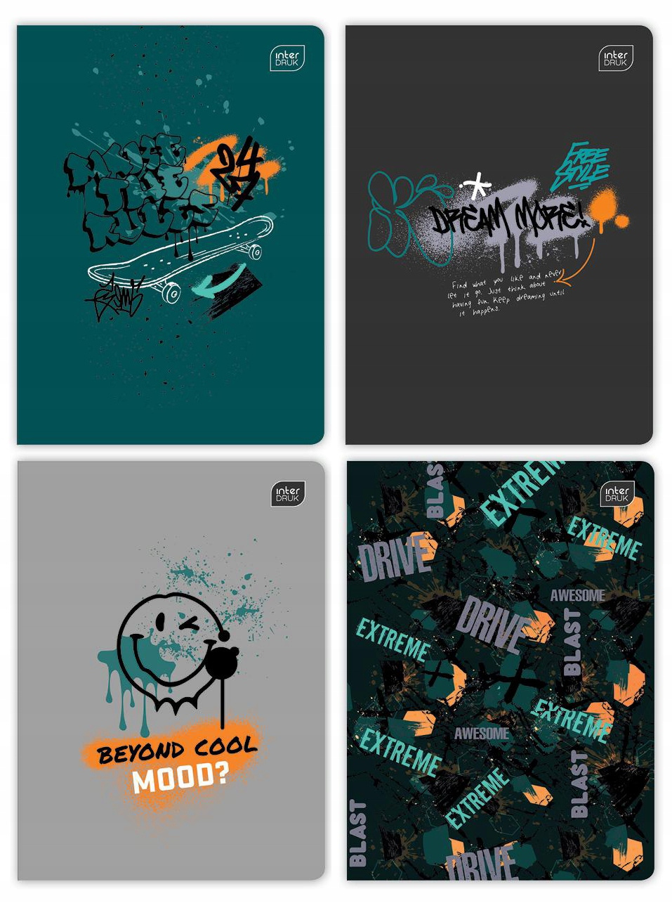 4x INTERDRUK Zeszyt A5 32k w 3 Linie Kolor URBAN SKATE Dla Chłopca_1