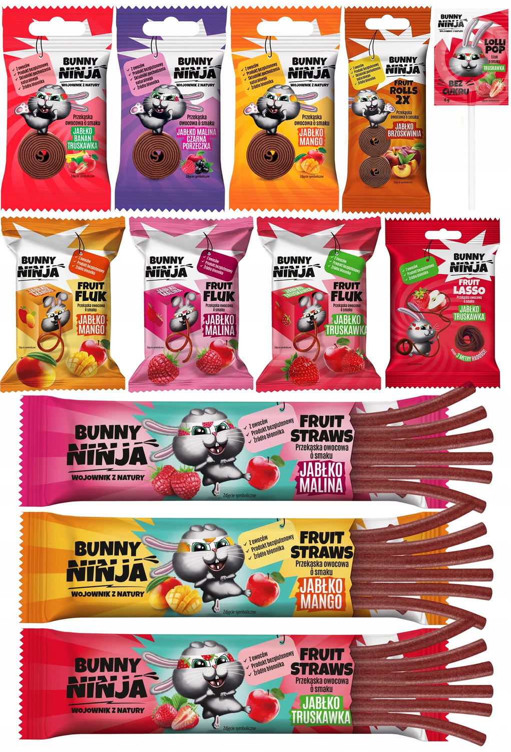 BUNNY NINJA Przekąski Owocowe MIX SMAKÓW Bez Cukru Glutenu x12_1