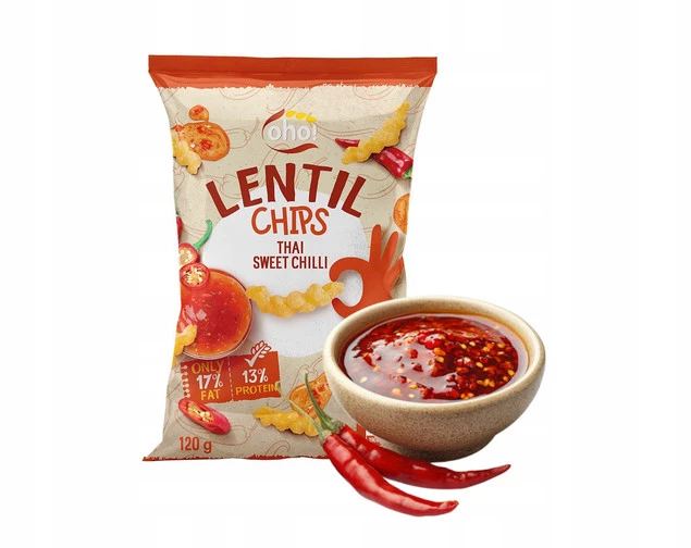 CHIPSY Chrupki z Czerwonej Soczewicy o Smaku SŁODKIE CHILI 120g Oho!_1