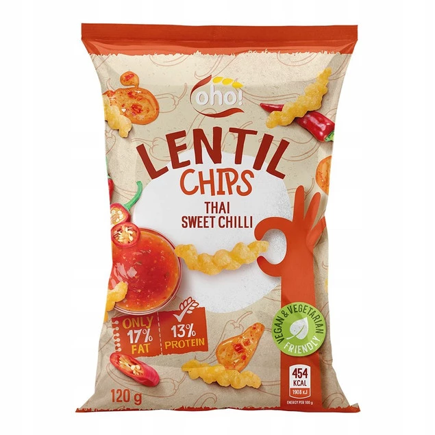 CHIPSY Chrupki z Czerwonej Soczewicy o Smaku SŁODKIE CHILI 120g Oho!_2