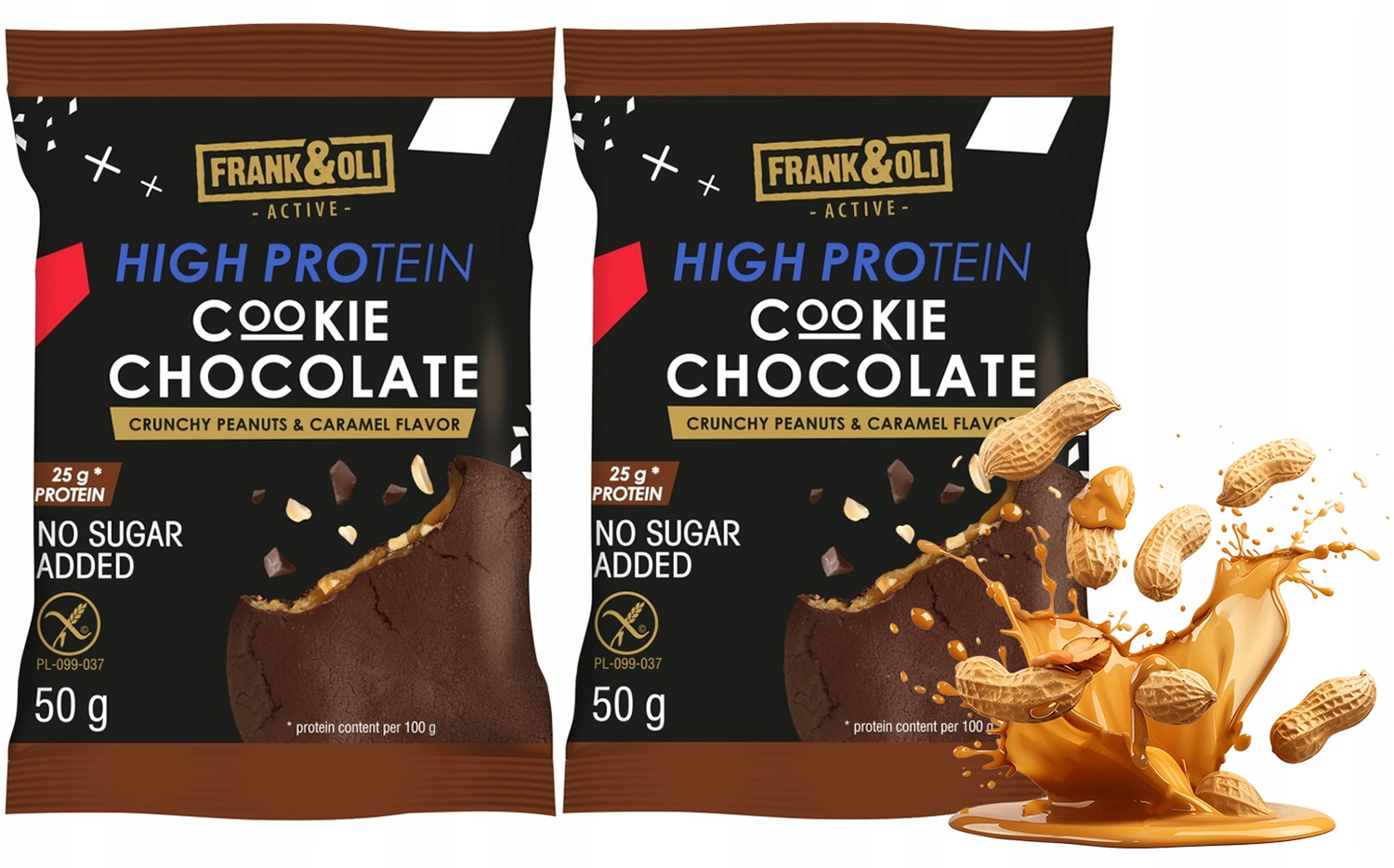 FRANK&OLI Ciastko Proteinowe Czekoladowe ORZECHY ZIEMNE KARMEL 50g x2_1
