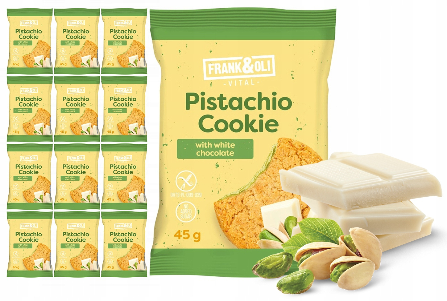 FRANK&OLI Ciastko Miękkie PISTACJA BIAŁA CZEKOLADA Bez Cukru 45g x12_1