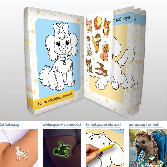 Kolorowanka z tatuażami – świecą w ciemności! Pieski WYDAWNICTWO SKRZAT_2