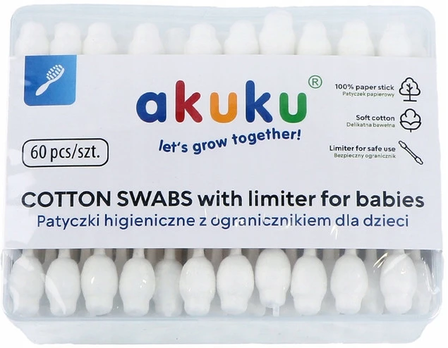 Patyczki HIGIENICZNE z Ogranicznikiem BAWEŁNIANE 60szt AKUKU_1