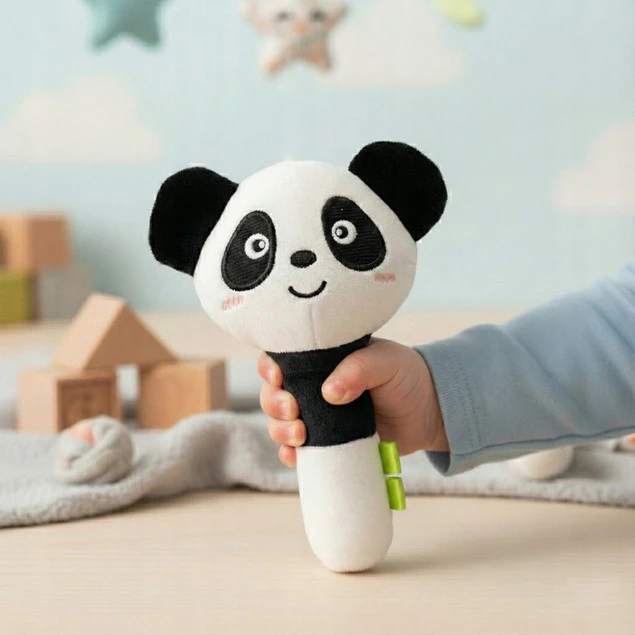 Dziecko bawiące się przytulanką piszczałką Panda Bocioland