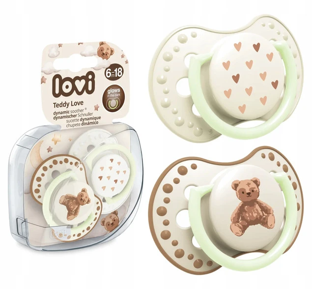 Smoczek Silikonowy Dynamiczny LOVI 6-18m + 2 szt. MIŚ Teddy Świecący_1