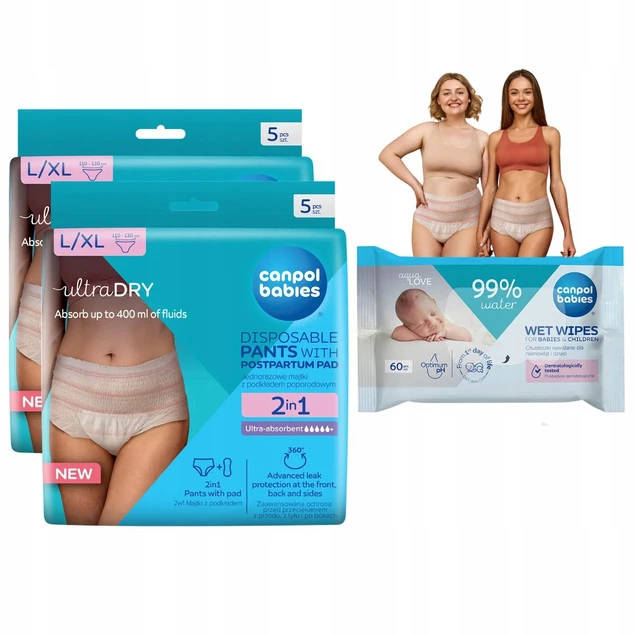 CANPOL Zestaw 2x Majtki Poporodowe 2w1 L/XL + Chusteczki Naw. 60szt. Gratis_1