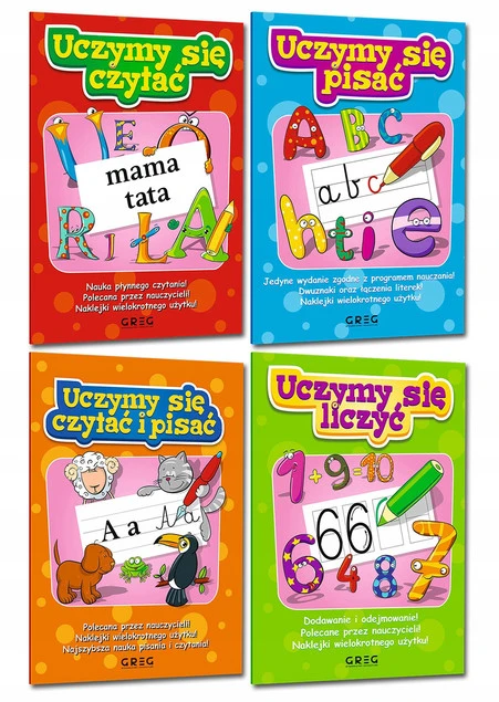 Komplet 4 Książek Edukacyjnych Do Nauki CZYTANIA LICZENIA PISANIA Greg_1