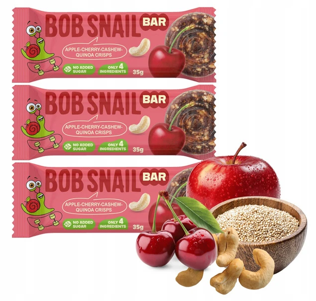 BOB SNAIL Batonik JABŁKO WIŚNIA NERKOWCE QUINOA Bez Dodatku Cukru 35g x3_1