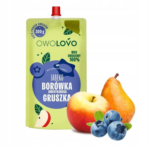 OWOLOVO Mus Owocowy 100% JABŁKO BORÓWKA GRUSZKA Bez Dodatku Cukru 300g_1