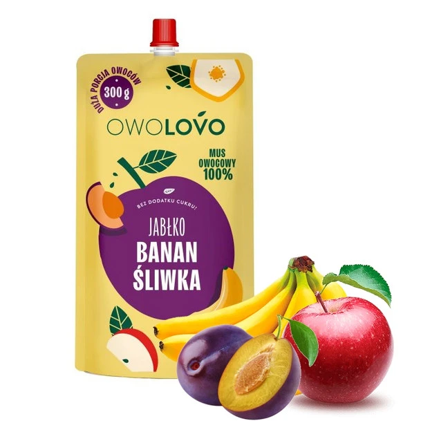 OWOLOVO Mus Owocowy 100% JABŁKO BANAN ŚLIWKA Bez Dodatku Cukru 300g_1