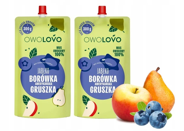 OWOLOVO Mus Owocowy 100% JABŁKO BORÓWKA GRUSZKA Bez Dodatku Cukru 300g x2_1