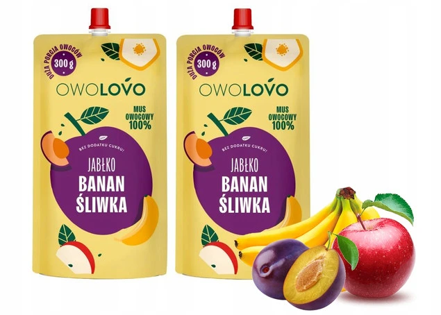 OWOLOVO Mus Owocowy 100% JABŁKO BANAN ŚLIWKA Bez Dodatku Cukru 300g x2_1