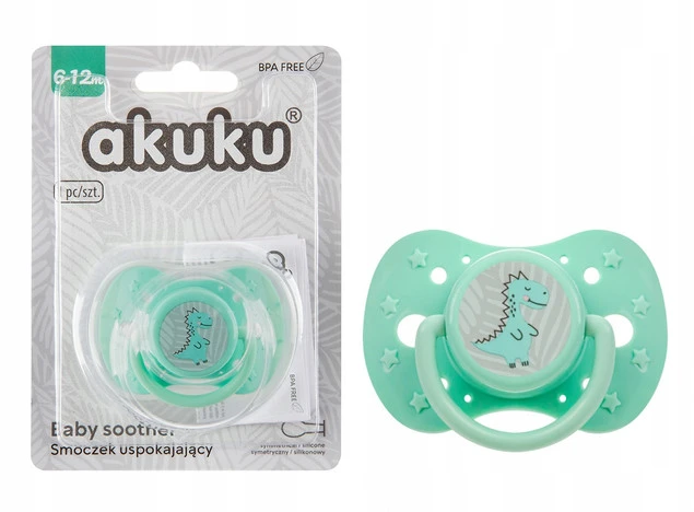 AKUKU Smoczek USPOKAJAJĄCY SILIKONOWY Symetryczny DINO Zielony 6-12m+_1