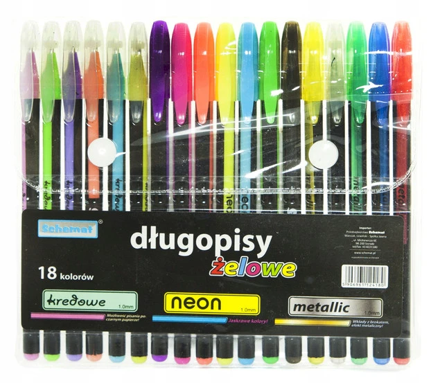 DŁUGOPISY ŻELOWE ZESTAW 18 KOLORÓW MIX KREDOWE NEONOWE METALICZNE DO SZKOŁY_1