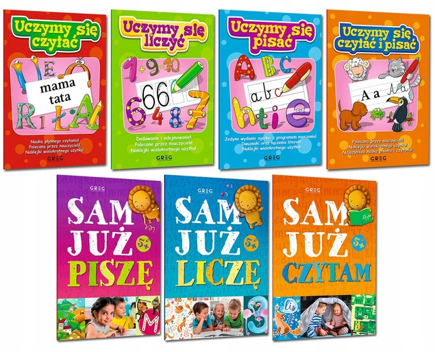 Pakiet 7 Książeczek Edukacyjnych Dla Dzieci Pisanie Liczenie Czytanie GREG_1