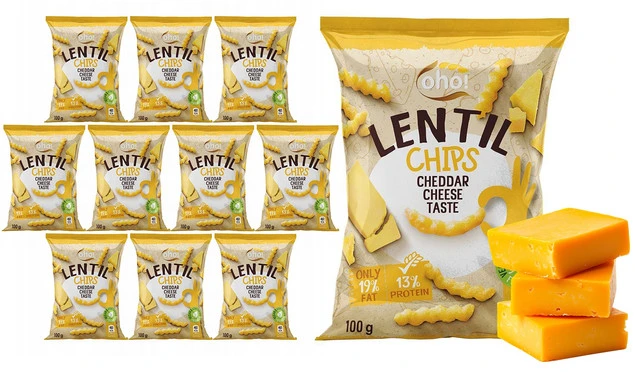 CHIPSY Chrupki z Czerwonej Soczewicy o Smaku SERA CHEDDAR 100g Oho! x10
