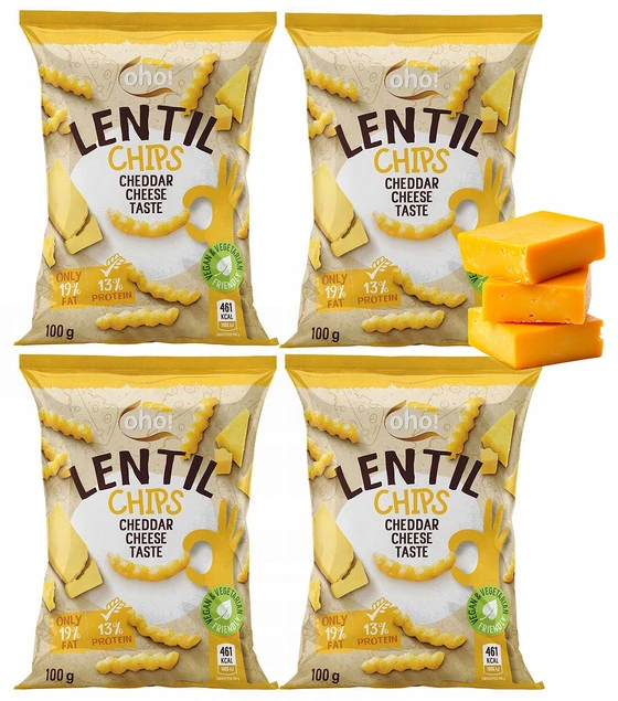 CHIPSY Chrupki z Czerwonej Soczewicy o Smaku SERA CHEDDAR 100g Oho! x4