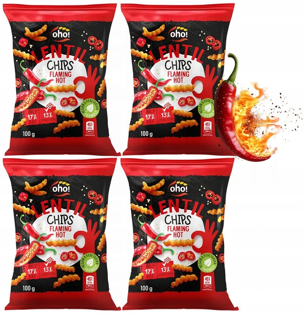 CHIPSY Chrupki z Czerwonej Soczewicy o Smaku FLAMING HOT 100g Oho! x4