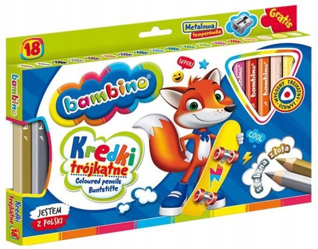 Kredki Trójkątne Szkolne Grube 18 Kolorów Temperówka Bambino_1