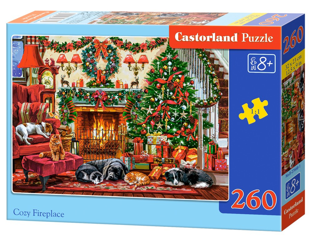 Puzzle 260 Układanka Święta BOŻE NARODZENIE Kominek Psy Koty 8+ Castorland_2